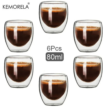 6PCS 80ML/2.7OZ Creative Coffee Cups High Borosilicate Double-layer Espresso Glass Cup Transparent Drink Cup Insulated Water Cup Leedoar