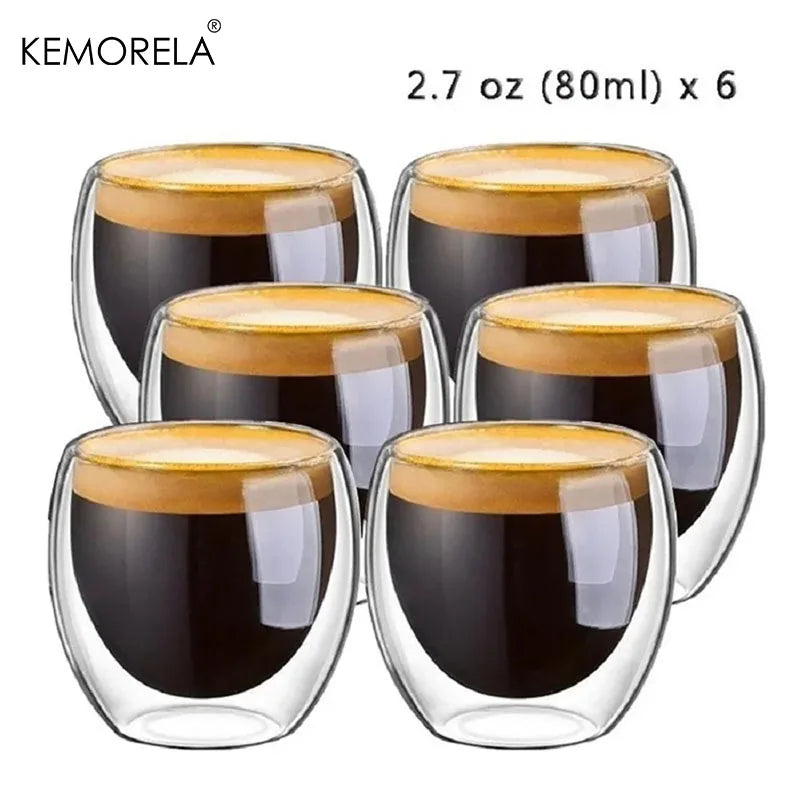 6PCS 80ML/2.7OZ Creative Coffee Cups High Borosilicate Double-layer Espresso Glass Cup Transparent Drink Cup Insulated Water Cup Leedoar