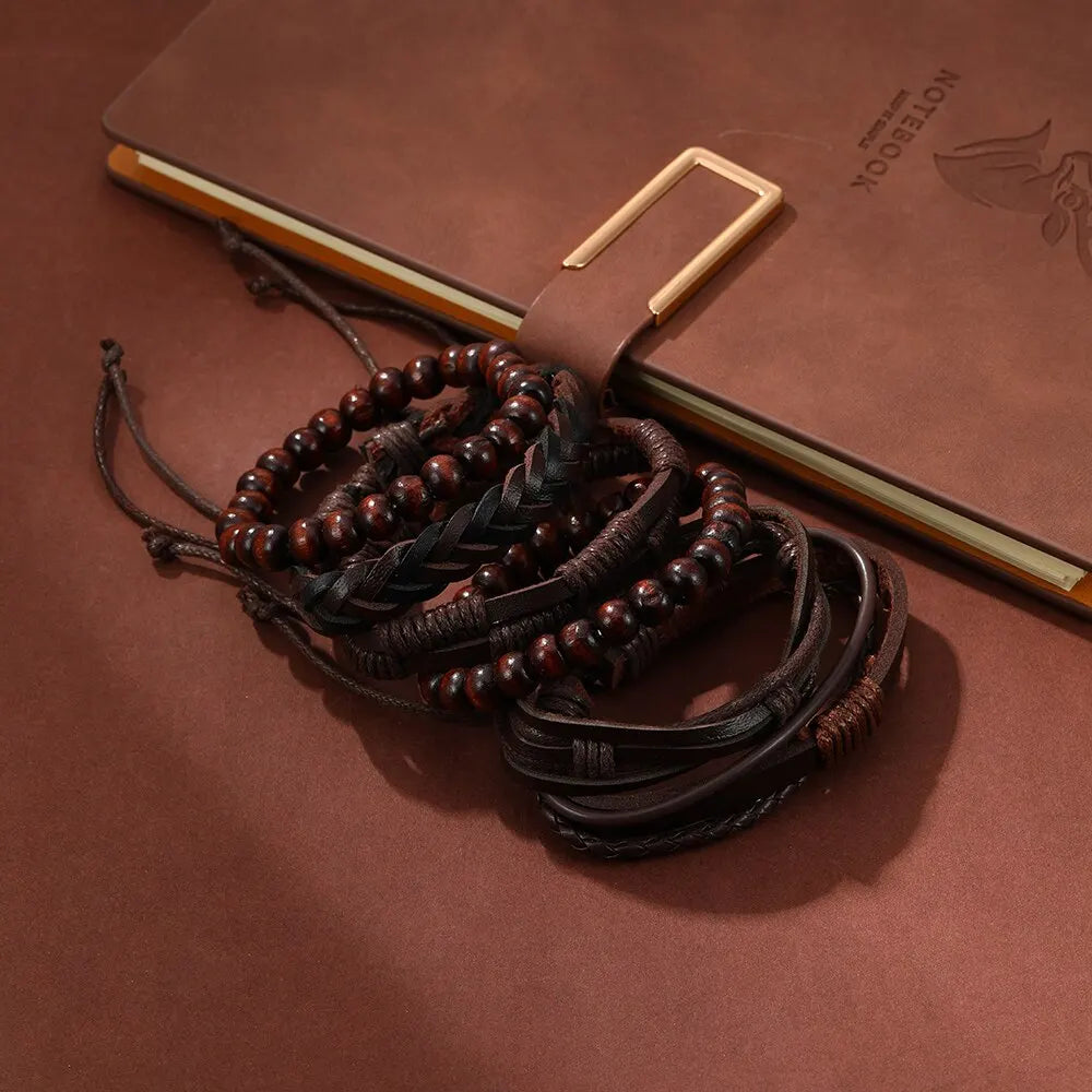 6PCS Set Men's Vintage Braided Cowhide Bracelet Multi-layer Leather Bracelet Leedoar
