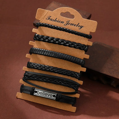 6PCS Set Men's Vintage Braided Cowhide Bracelet Multi-layer Leather Bracelet Leedoar