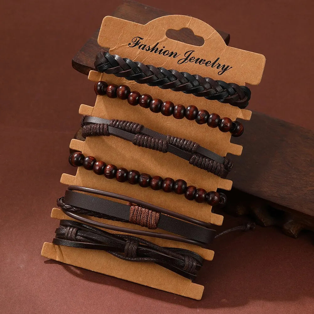 6PCS Set Men's Vintage Braided Cowhide Bracelet Multi-layer Leather Bracelet Leedoar