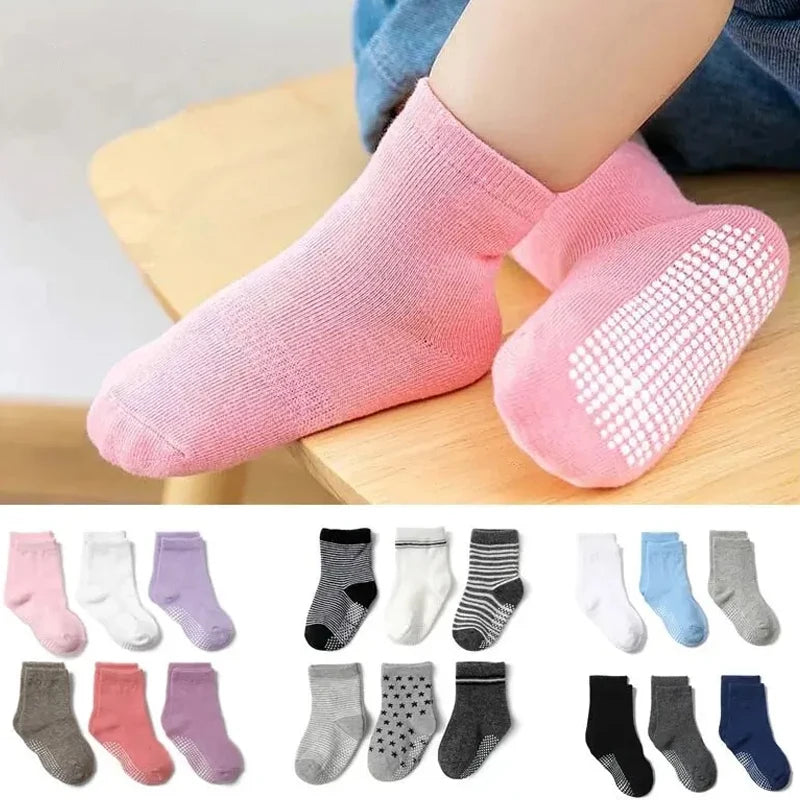 6Pairs/Lot Anti-slip Non Ankle Socks With Grips For Baby Toddler Kids Boys Girls All Seasons Cotton Floor Socks For 0-3Years Leedoar