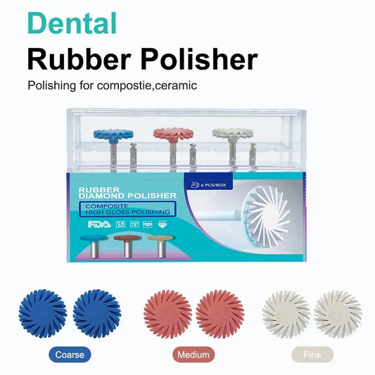 Disco de pulido de resina compuesta para pulir goma dental, 6 unidades por caja, RA, grueso, fino, medio, denspay, rueda de 14 mm, herramienta flexible en espiral de 3 colores 