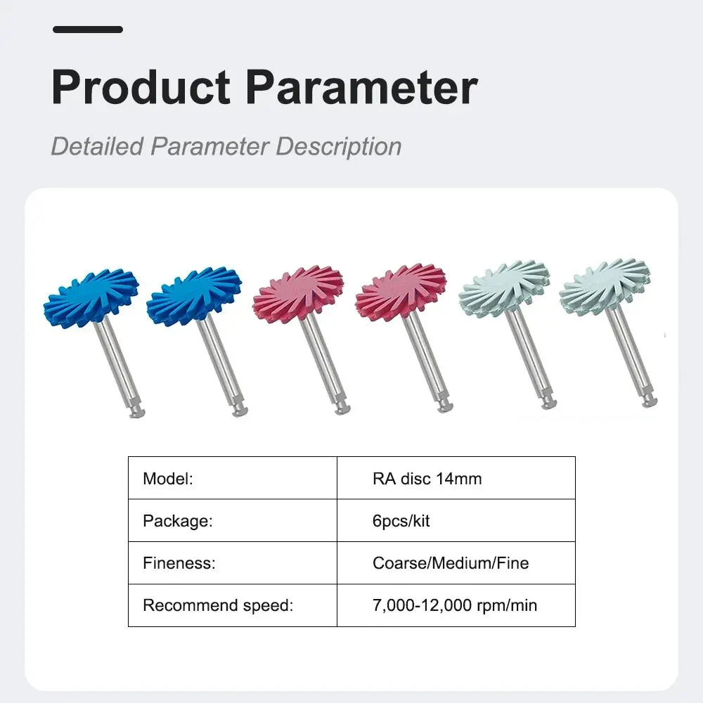 6Pcs/Box RA Coarse Fine Medium Denspay Dental Rubber Polisher Composite Resin Polishing Disc 14mm Wheel 3 Color Spiral Flex Tool Leedoar