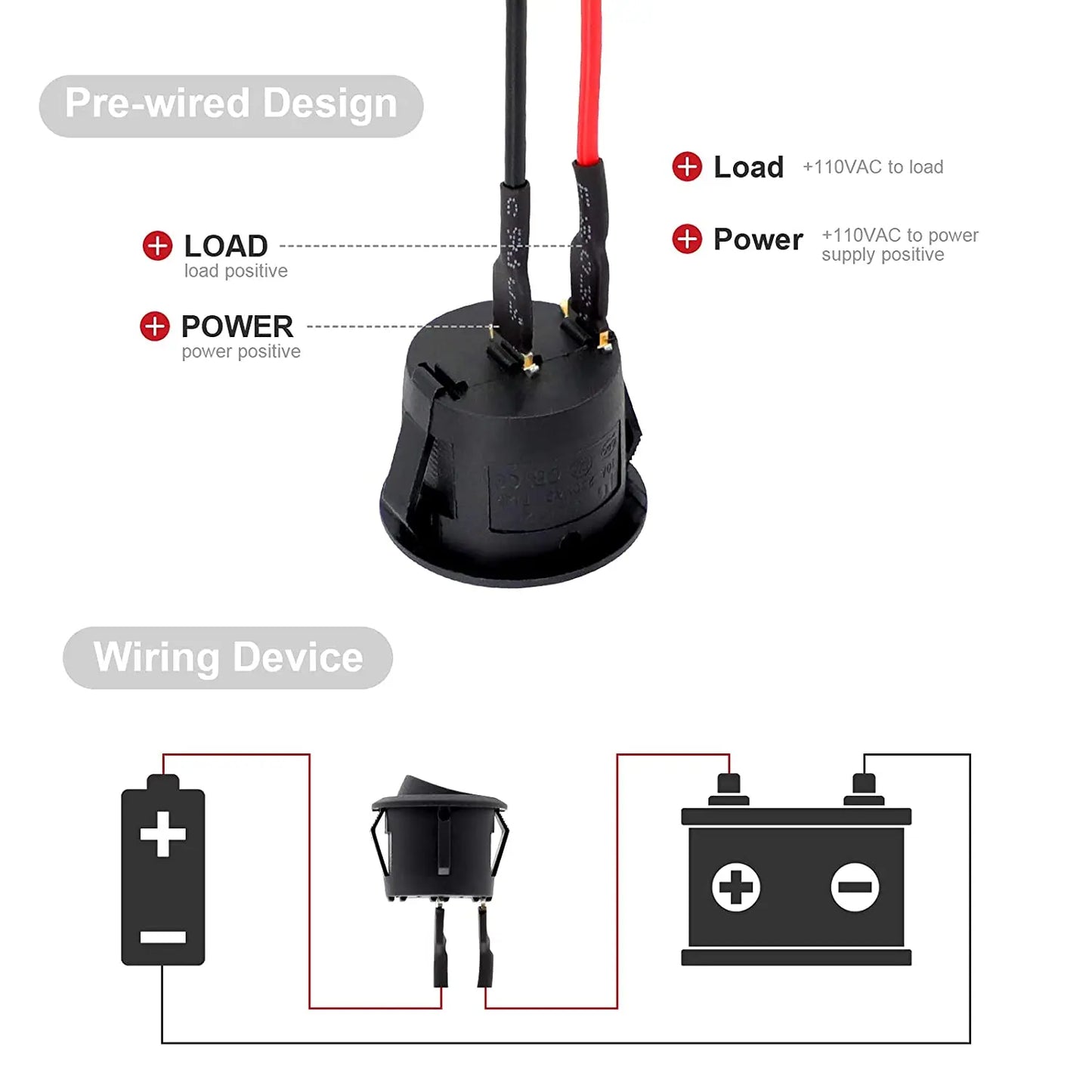 6 piezas Mini interruptor basculante de 12 voltios, interruptor de palanca de encendido y apagado con precableado de 6 A/250 V, 10 A/125 V CA, 12 V CC, interruptores eléctricos para aplicaciones de bricolaje 