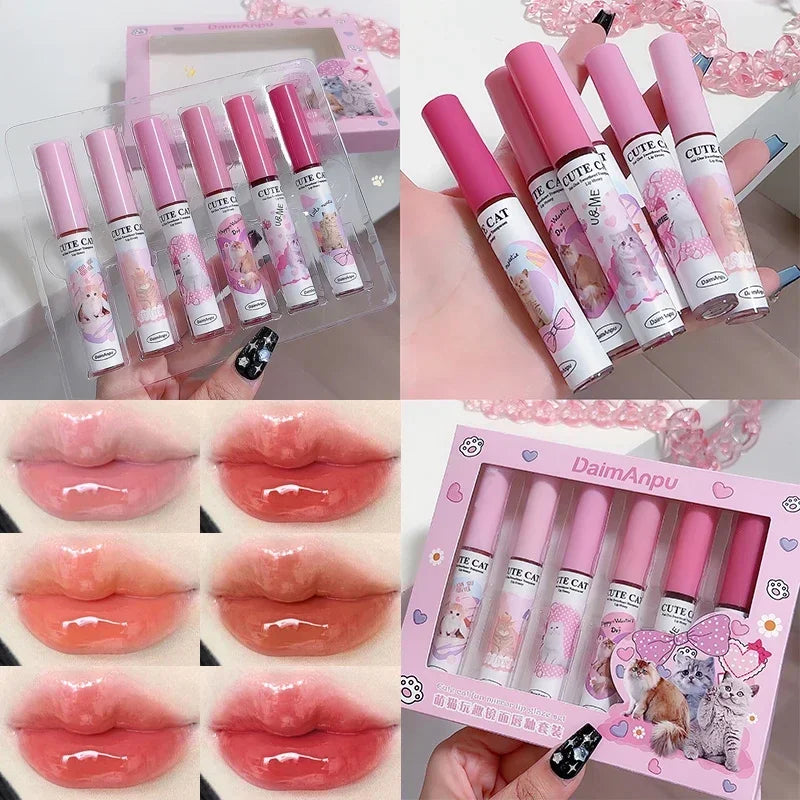 Juego de 6 esmaltes de labios con forma de gato, divertidos y bonitos, 6 colores, altamente pigmentados, hidratantes y brillantes, regalo perfecto 