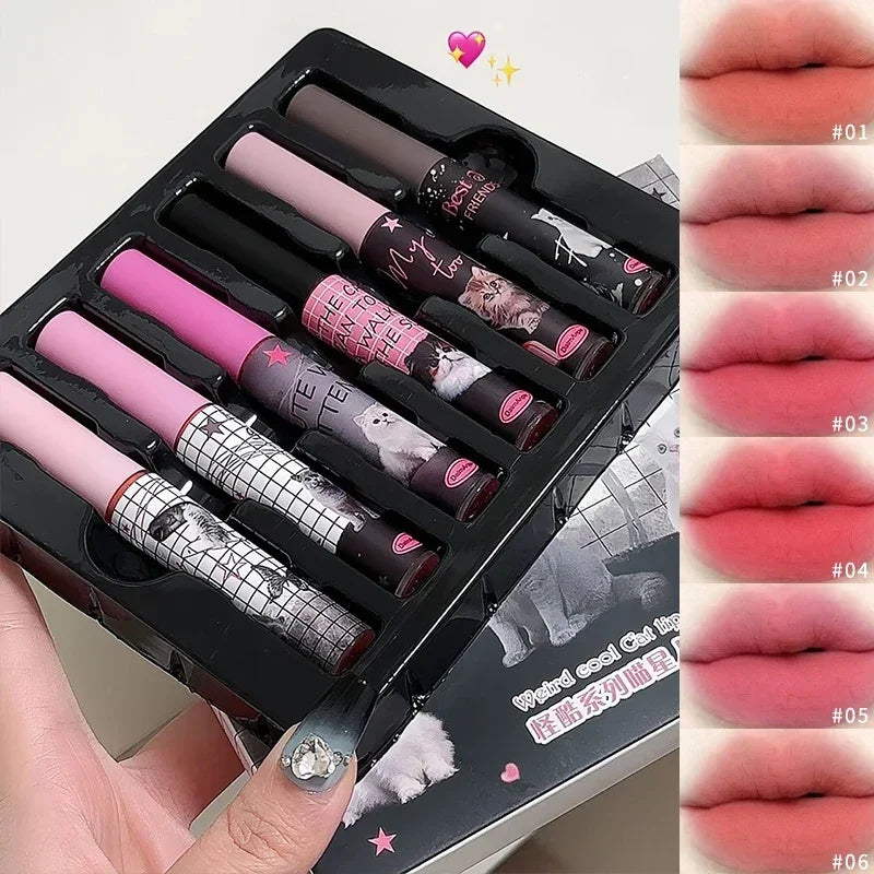 6Pcs/set Cute Cat Fun Mirror Lip Glaze Set 6 Cores Altamente Pigmentado Lip Stain Hidratante Brilhante Maquiagem Lábio Presente Perfeito 