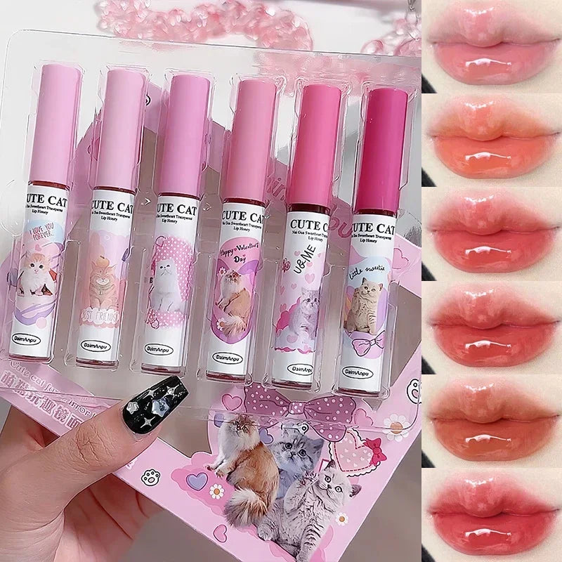 Juego de 6 esmaltes de labios con forma de gato, divertidos y bonitos, 6 colores, altamente pigmentados, hidratantes y brillantes, regalo perfecto 