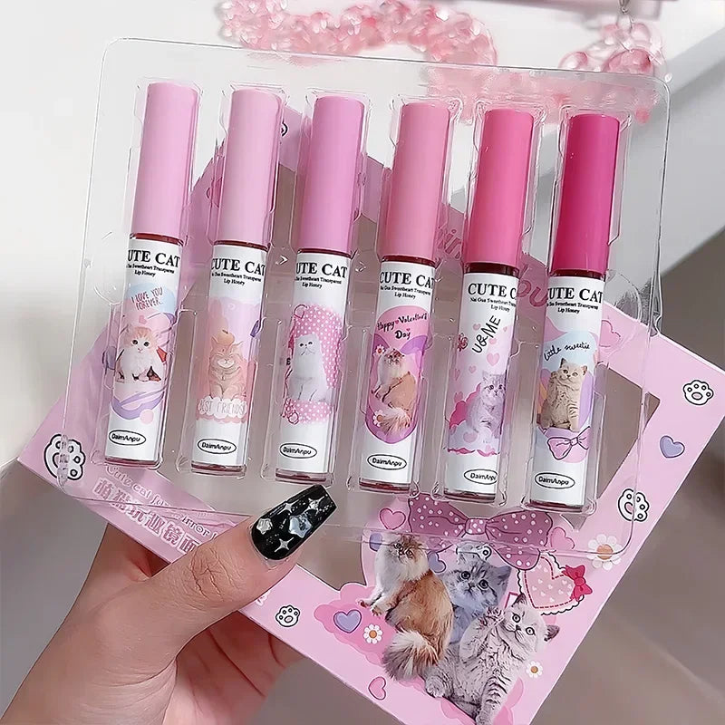 6Pcs/set Cute Cat Fun Mirror Lip Glaze Set 6 Cores Altamente Pigmentado Lip Stain Hidratante Brilhante Maquiagem Lábio Presente Perfeito 