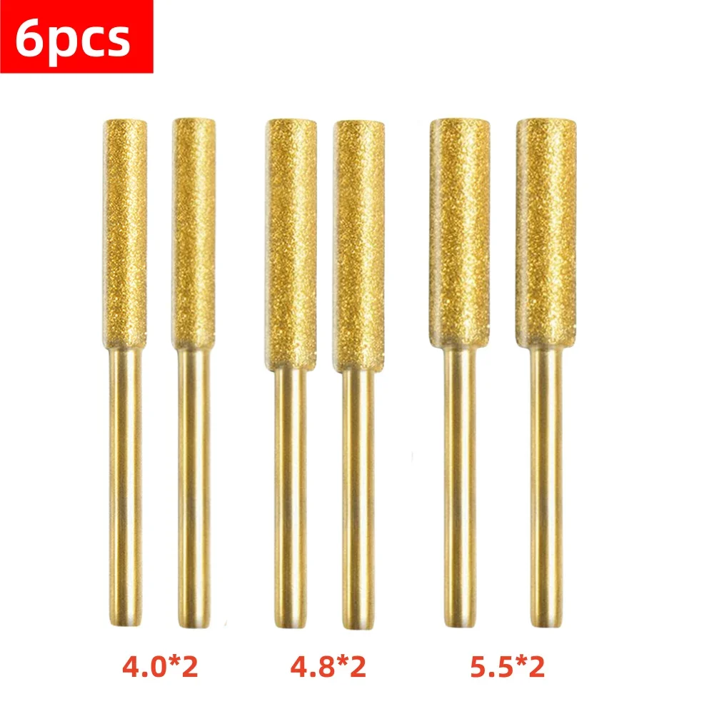 6pcs Diamond Coated Cylindrical Burr 4/4.8/5.5mm Chainsaw Sharpener Stone File Chain Sharpening Carving Grinding Tools Kits Leedoar