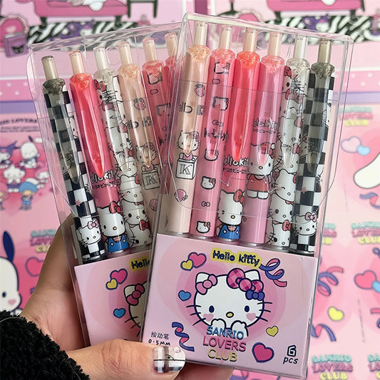 6pcs Series 0.55mm Sanrio Hello Kitty Kuromi Gel Pen Cartoon Cute Press Pen Black Refill Y2k School Stationery Supplies Leedoar