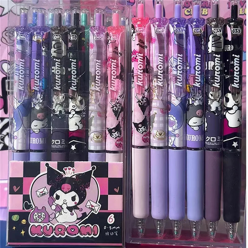 6pcs Series 0.55mm Sanrio Hello Kitty Kuromi Gel Pen Cartoon Cute Press Pen Black Refill Y2k School Stationery Supplies Leedoar