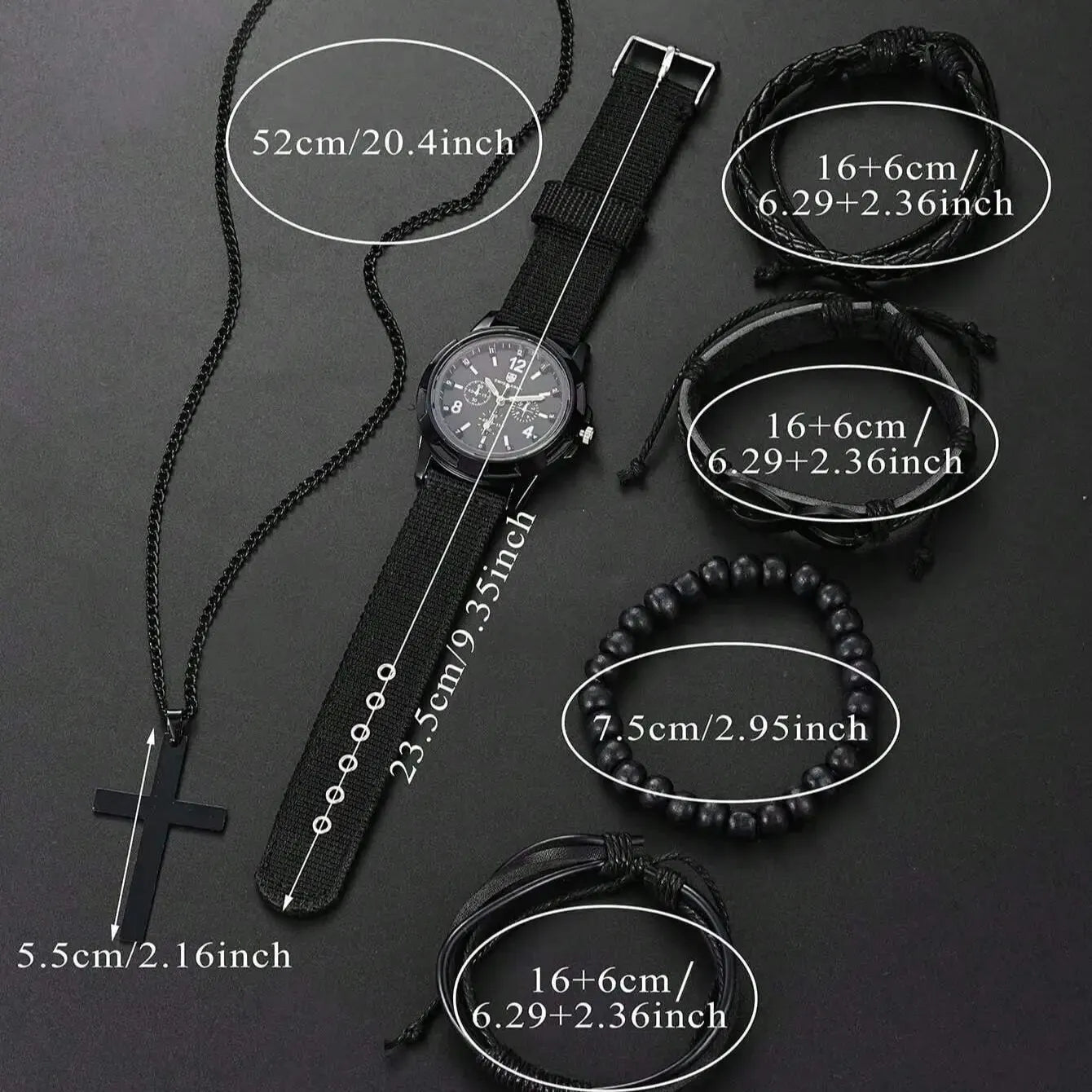 6pcs_Set Fashionable Pu Leather '8' Shape Beaded Bracelet With Mechanical Watch, Cross Pendant Necklace For Men, Black-Colored Leedoar