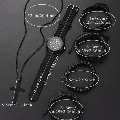 6pcs_Set Fashionable Pu Leather '8' Shape Beaded Bracelet With Mechanical Watch, Cross Pendant Necklace For Men, Black-Colored Leedoar