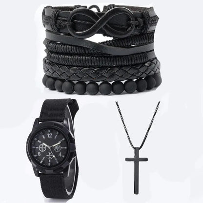 6pcs_Set Fashionable Pu Leather '8' Shape Beaded Bracelet With Mechanical Watch, Cross Pendant Necklace For Men, Black-Colored Leedoar