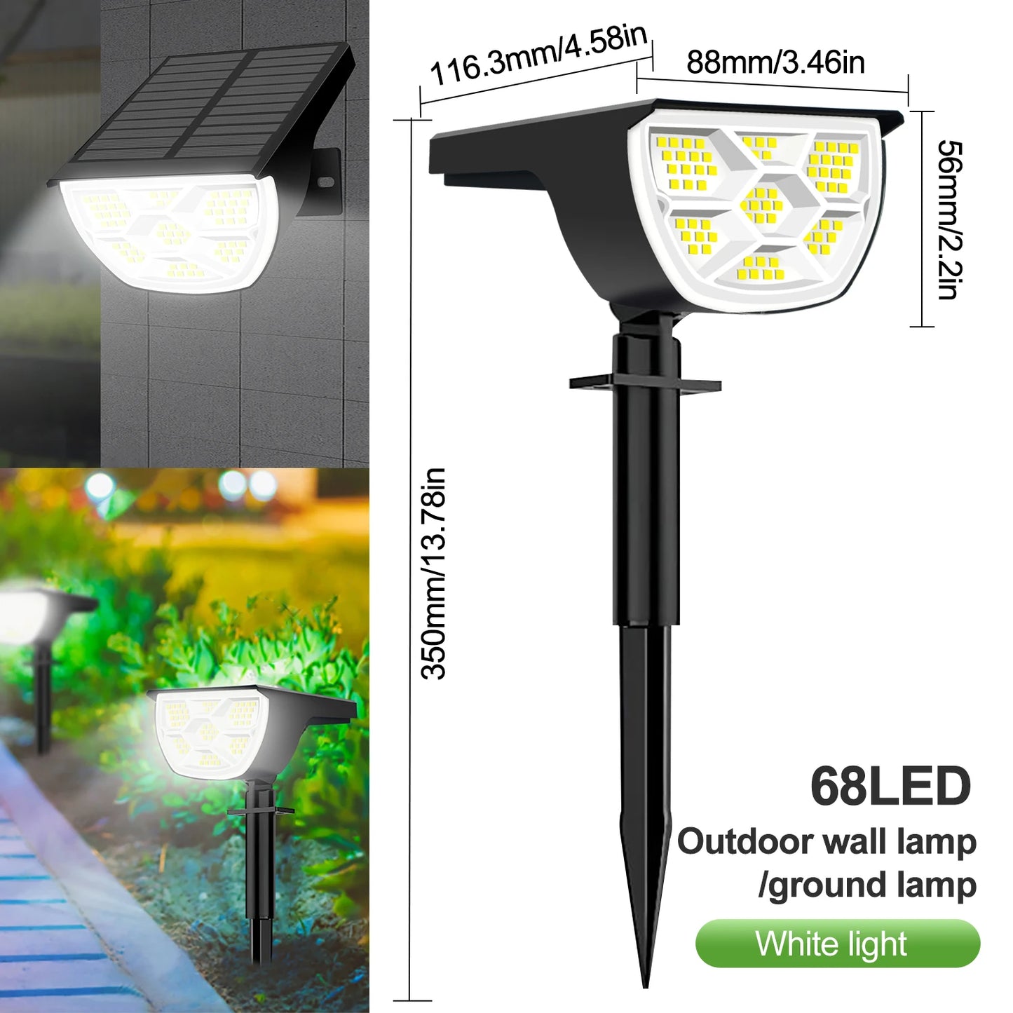 Focos solares para exteriores, 72/68 LED, impermeables, para jardín, paisaje, 3 modos, luces de pared, puerta, patio, garaje y terraza