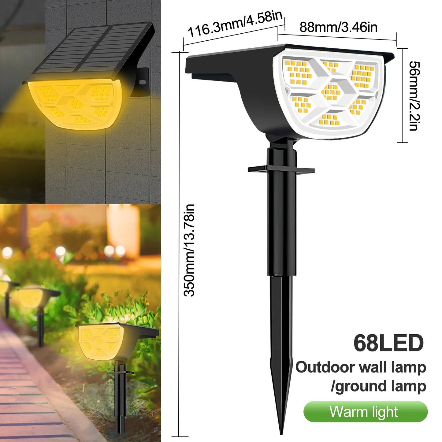 Focos solares para exteriores, 72/68 LED, impermeables, para jardín, paisaje, 3 modos, luces de pared, puerta, patio, garaje y terraza