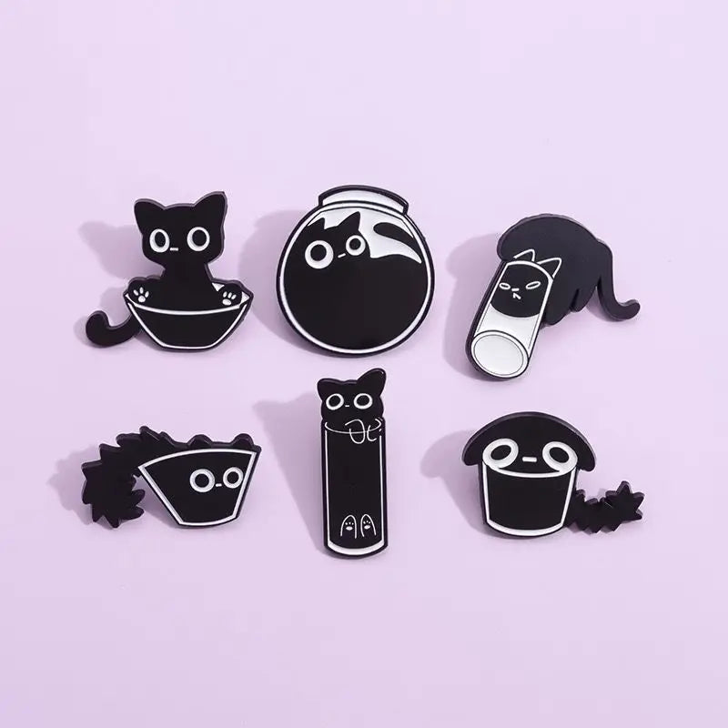 7Pcs/Pins de esmalte de gato fofos personalizados preto gatinho terrário broches lapela emblemas desenho animado animal joias presente para crianças amigos 