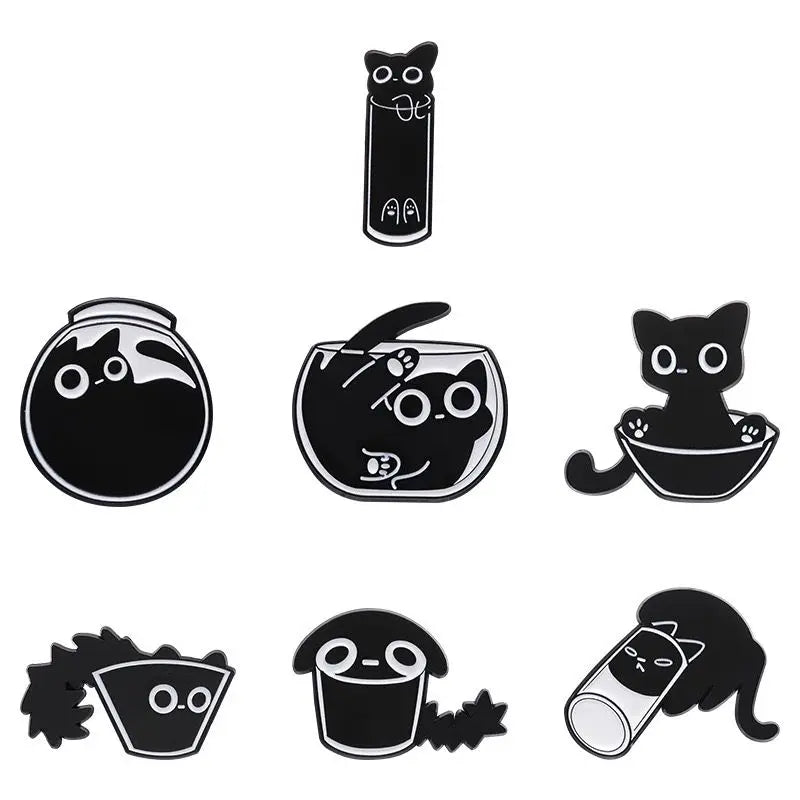 7Pcs/Pins de esmalte de gato fofos personalizados preto gatinho terrário broches lapela emblemas desenho animado animal joias presente para crianças amigos 