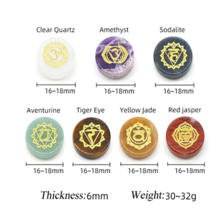 7pcs/Pack Round Shaped 7 Chakra Natural Stone Ornament Amethyst Quartz Energy Engraved Symbols Reiki Divination Healing 16-18mm Leedoar