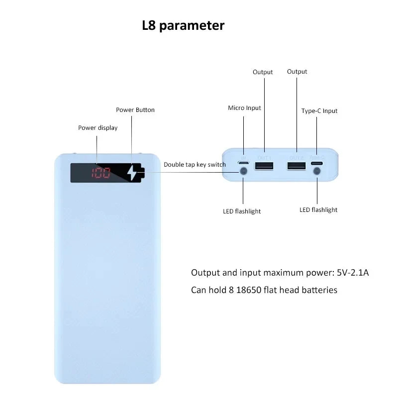 8/10*18650 Power Bank Cases Battery Holder Portable Dual USB Type C Charge Shell for iPhone Xiaomi Huawei 18650 Battery Cases Leedoar