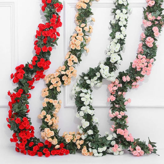 8,2 pés Rosa Vermelha Artificial Seda Flor Guirlanda Decoração de Casamento Flores Falsas para Decoração de Quarto de Casa Outono Planta Videira Falsa Rattan 