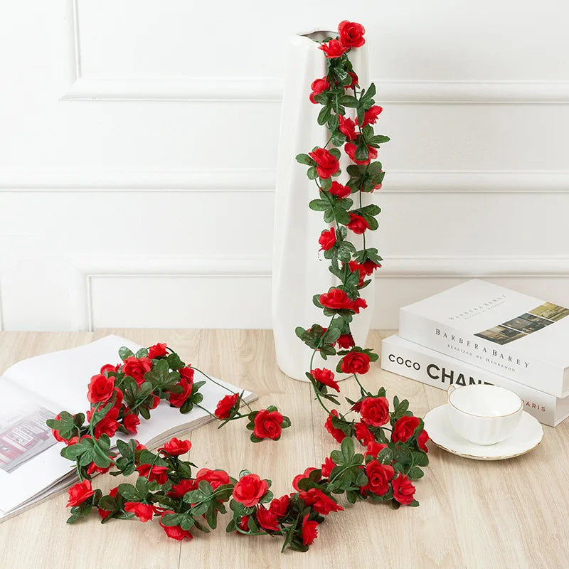 8.2ft Red Rose Artificial Silk Flower Garland Wedding Decor Fake Flowers for Home Room Decoration Autumn Fake Vine Plant Rattan Leedoar