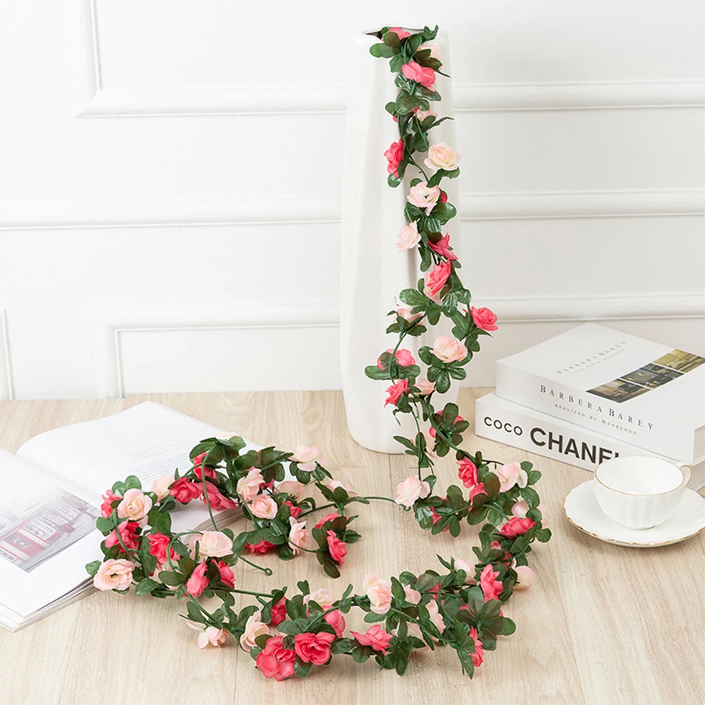 8.2ft Red Rose Artificial Silk Flower Garland Wedding Decor Fake Flowers for Home Room Decoration Autumn Fake Vine Plant Rattan Leedoar