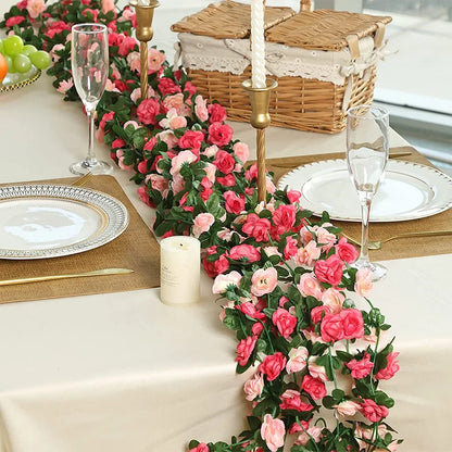 8.2ft Red Rose Artificial Silk Flower Garland Wedding Decor Fake Flowers for Home Room Decoration Autumn Fake Vine Plant Rattan Leedoar