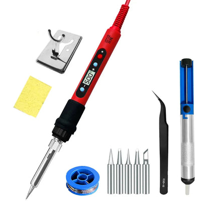 80W Soldering iron kit adjustable temperature LCD solder welding tools Ceramic heater soldering tips Tweezers soldering wire Leedoar