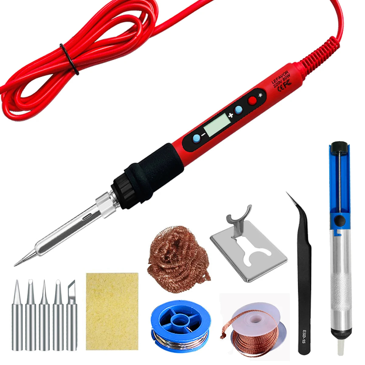 80W Soldering iron kit adjustable temperature LCD solder welding tools Ceramic heater soldering tips Tweezers soldering wire Leedoar