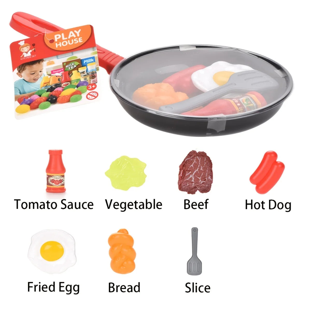 Juego de 8 piezas de juguetes de cocina para niños, juego de simulación de utensilios de cocina, juego de simulación de olla, filete, verduras, pan, perrito caliente, tortilla, regalo para niños 