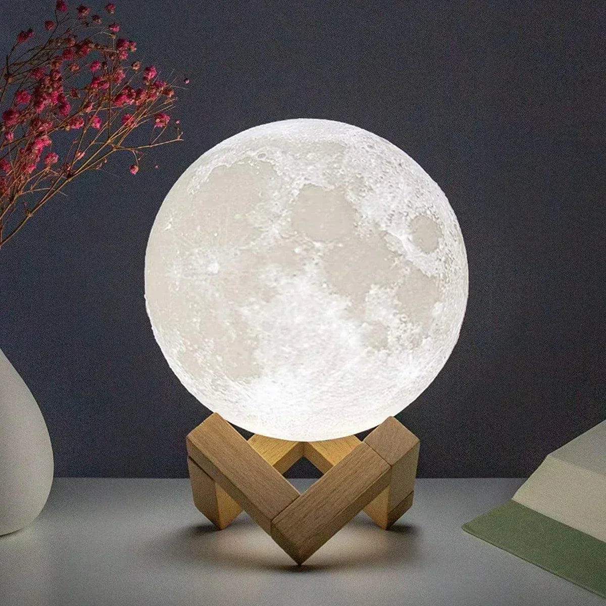 Lámpara de luna de 8 cm, luz LED de noche, funciona con pilas, con soporte, lámpara estrellada, decoración de dormitorio, luces de noche, regalo para niños, lámpara de luna 