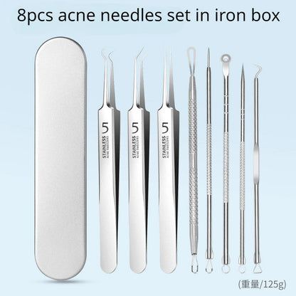 8pcs Acne Needles Set in Iron Box Stainless Steel Acnes Clip Acne Needle Cell Clip Blackhead Clip Acnee Kit Beauty Tweezers Tool Leedoar