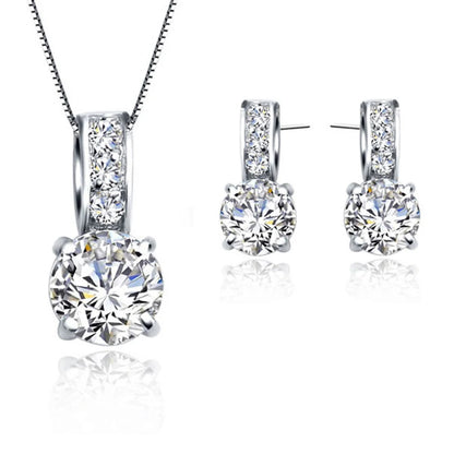 925 Sterling Silver Color Bridal Jewelry Set Classic Cubic Zircon Crystal Pendant  Necklace Stud Earrings for Women Girls Gift Leedoar