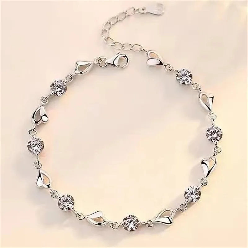 925 Sterling Silver Jewelry For Women High Quality Retro Heart Wedding Shaped Cubic Zirconia Bracelets Bangles Leedoar