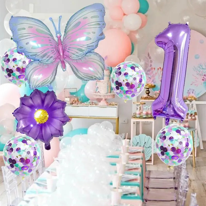 9Pc Butterfly Foil Balloons Set Número Bola Aniversário Casamento Chá de Bebê Festa Decorações 