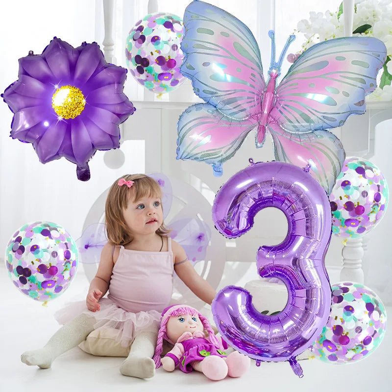 9Pc Butterfly Foil Balloons Set Número Bola Aniversário Casamento Chá de Bebê Festa Decorações 