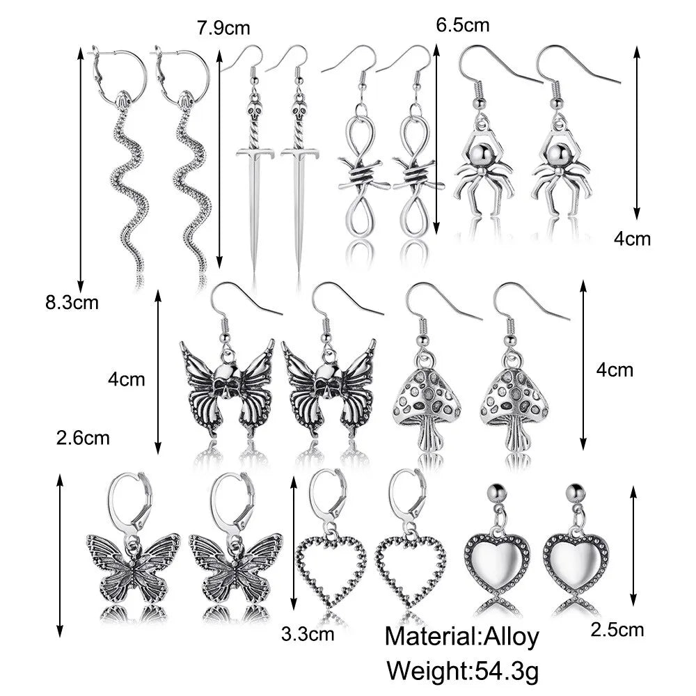 9pairs Set Of Ladies Earrings Retro Halloween Popular Alloy Creative Butterfly Peach Heart Mushroom Snake Spider Pendant Earring Leedoar