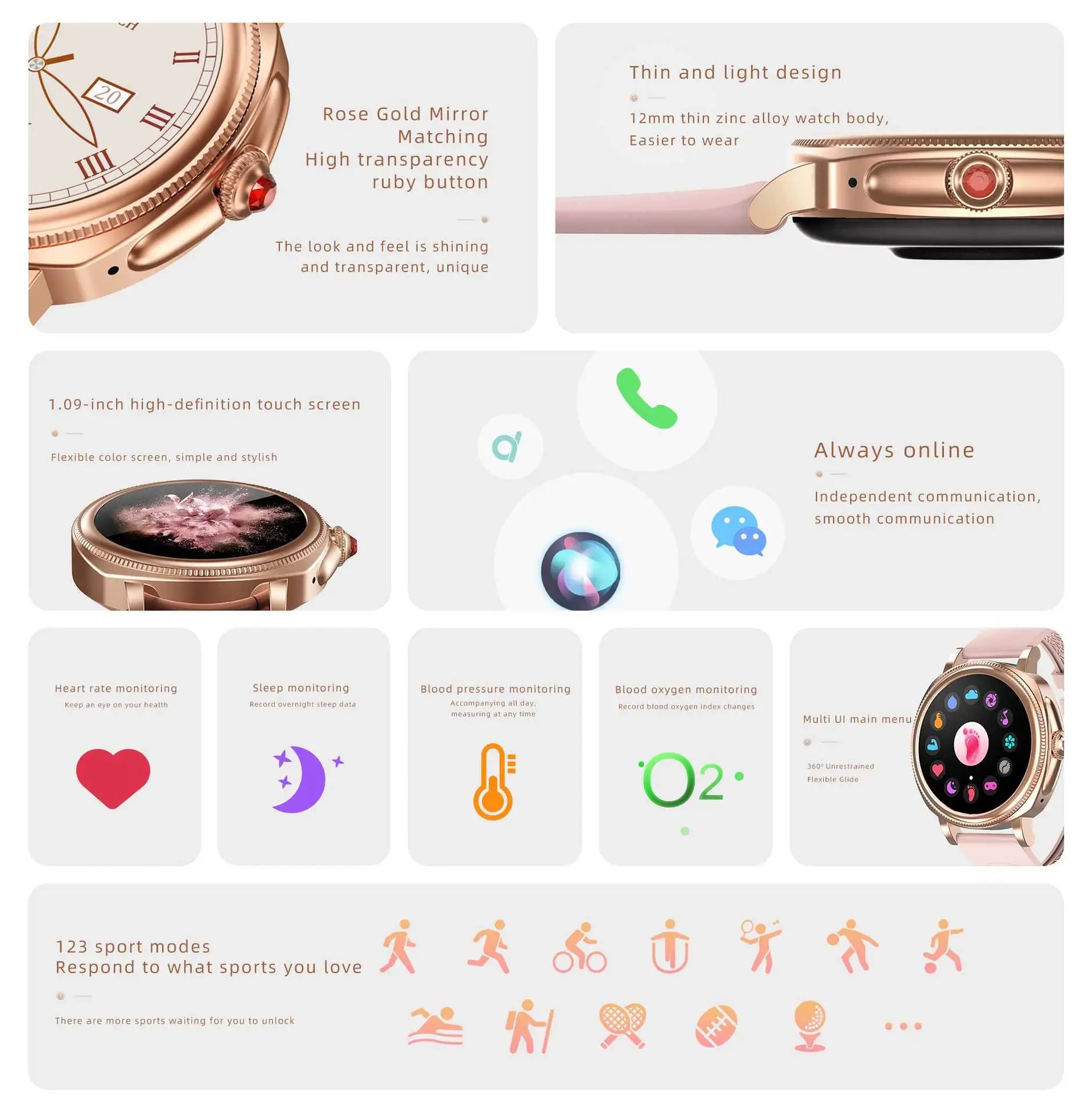 ZL60 Smart Watch Women HD Touch Screen Multiple Dials DIY Custom Wallpaper Bluetooth Call Sports Heart Rate Blood Oxygen Monitor Leedoar