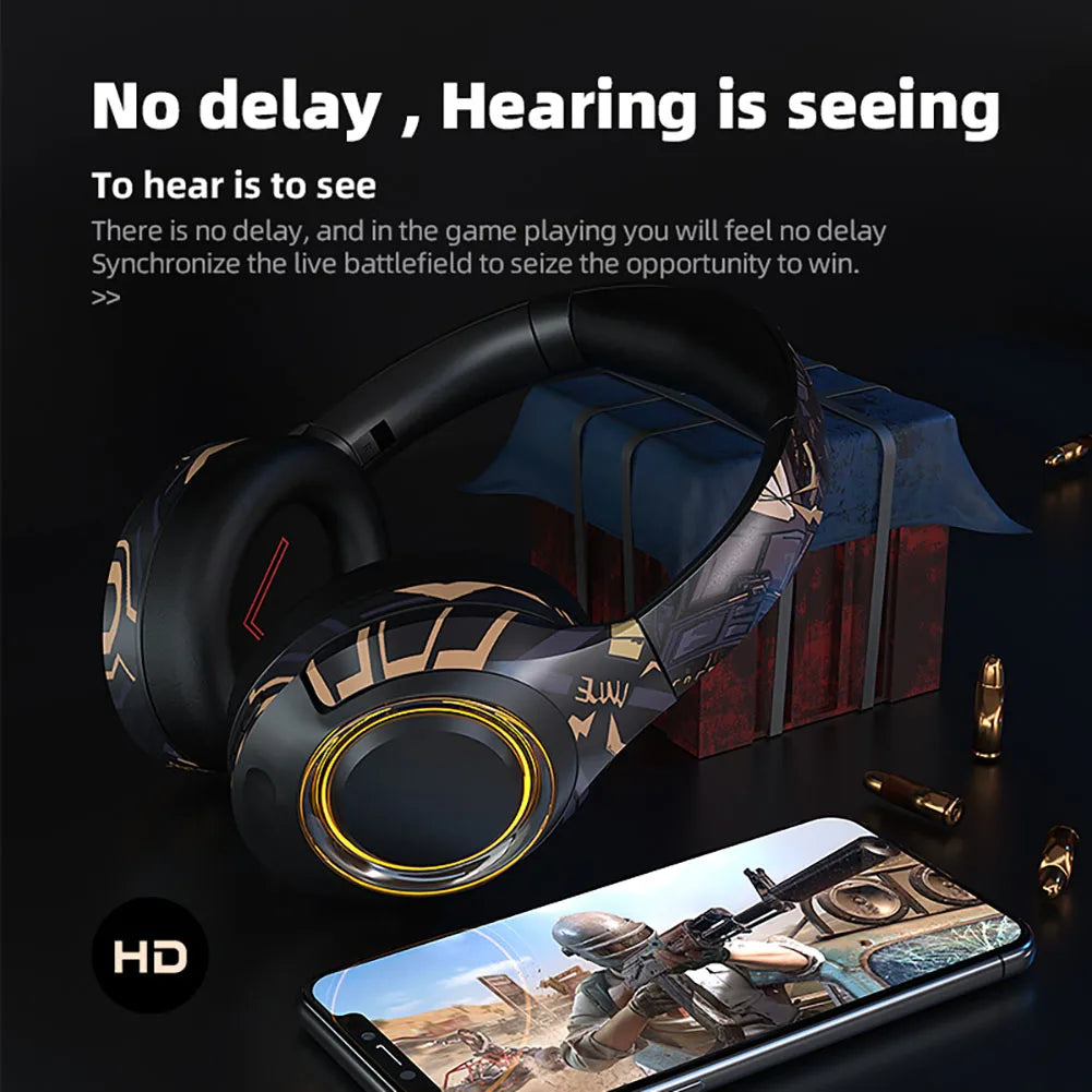 HiFi Headphone Noise Reduction No Delay All-embracing Ear Detachable Microphone Foldable Cool Lights Use for BT/TF Card/AUX/Game Leedoar