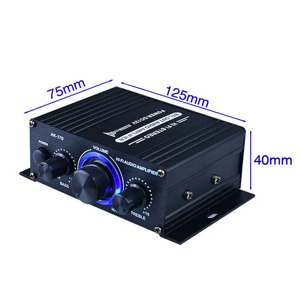 Amplificador de audio digital mini AK170 para automóvil, luz azul, estéreo, para cine en casa, club, fiesta, música, 200 W x2 