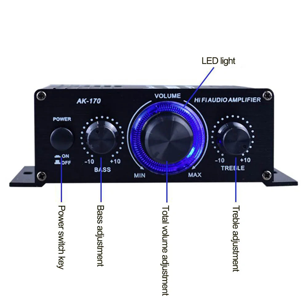 Amplificador de audio digital mini AK170 para automóvil, luz azul, estéreo, para cine en casa, club, fiesta, música, 200 W x2 