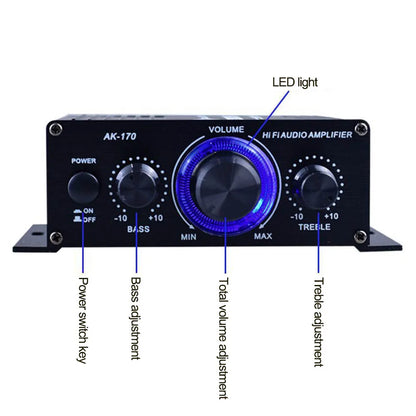 Amplificador de audio digital mini AK170 para automóvil, luz azul, estéreo, para cine en casa, club, fiesta, música, 200 W x2 