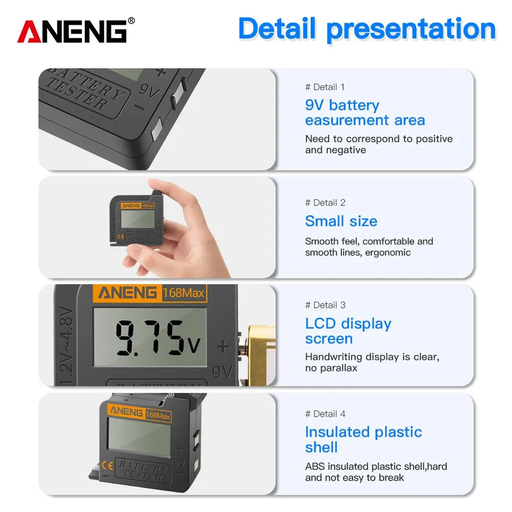 ANENG 168Max Digital Capacity Universal Test Lithium Battery Tester Checkered Load Analyzer Display Check AAA AA Button Cell