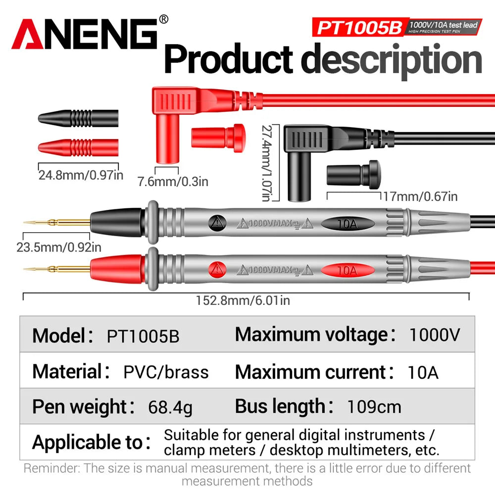 ANENG PT1005B Digital Multimeter 1000V 10A Universal Needle Tip Probe Test Leads  Multi Meter Tester Lead Probe Wire Pen Cable