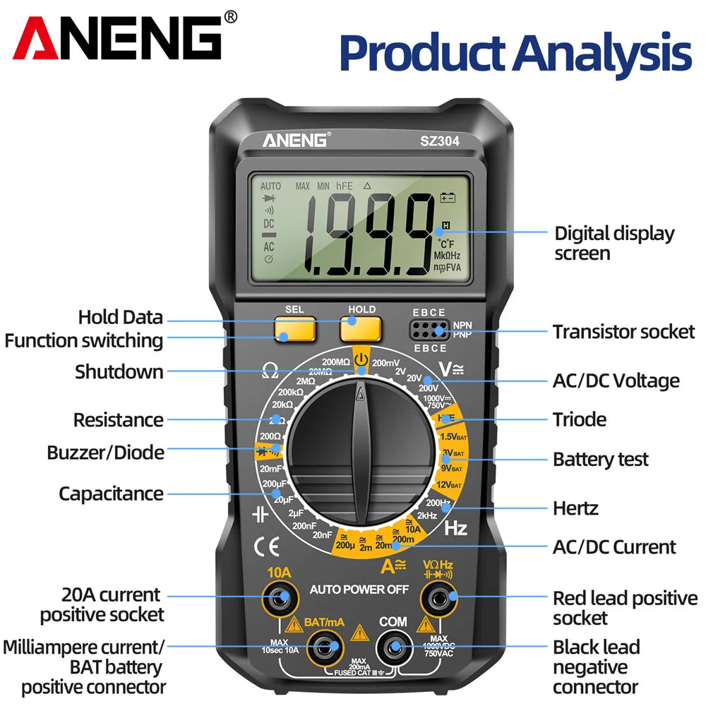 ANENG SZ304 Multifunction Digital Multimete True RMS Handheld High Precision Tester NCV AC/DC Votage Current Resistance Ohm Tool