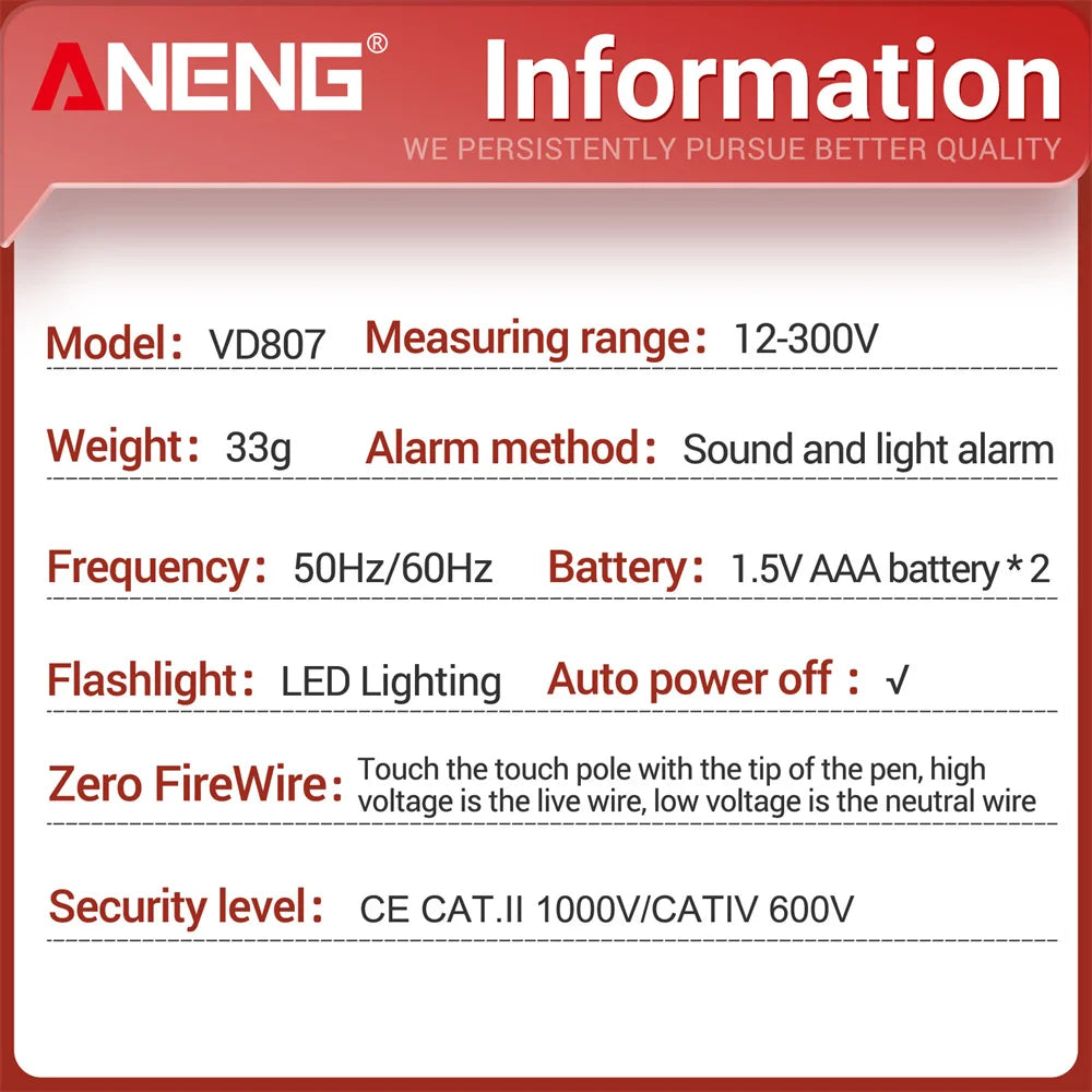 ANENG VD807 Smart Induction Tester Pen AC 12-300V Voltage Tester NCV Sensor Wire Detector 50/60Hz Professional Electrician Tool