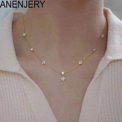 ANENJERY Inlaid Zircon Four-leaf Flower Chain Necklace for Women New Niche Light Luxury Hot Fashion collares choker Accessories Leedoar