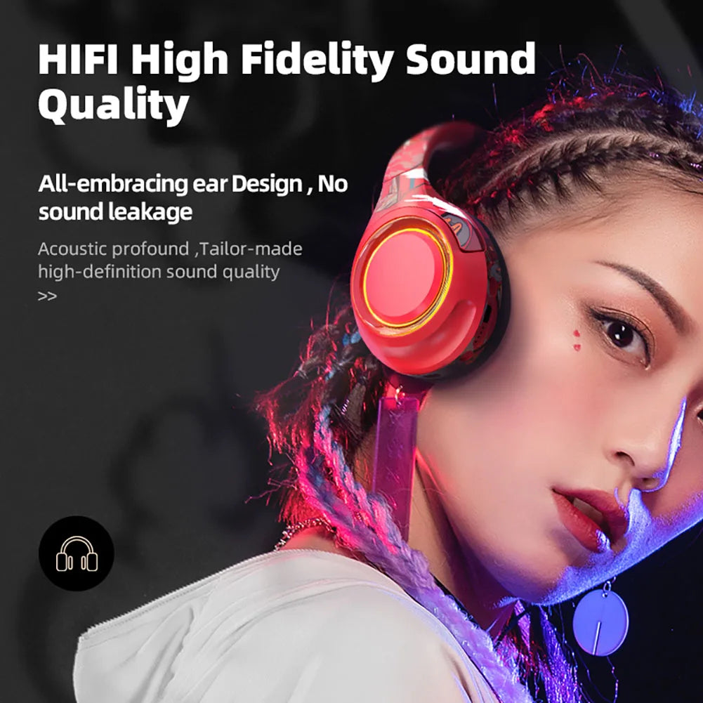 HiFi Headphone Noise Reduction No Delay All-embracing Ear Detachable Microphone Foldable Cool Lights Use for BT/TF Card/AUX/Game Leedoar